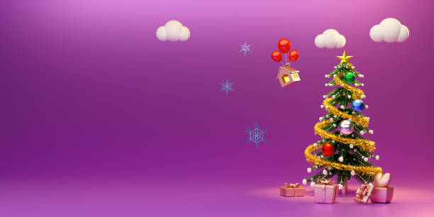 istock Christmas tree with gift box and ornaments in purple or violet composition for modern stage display and minimalist mockup ,Concept Christmas and a festive New Year, 3d illustration or 3d render 1433116378