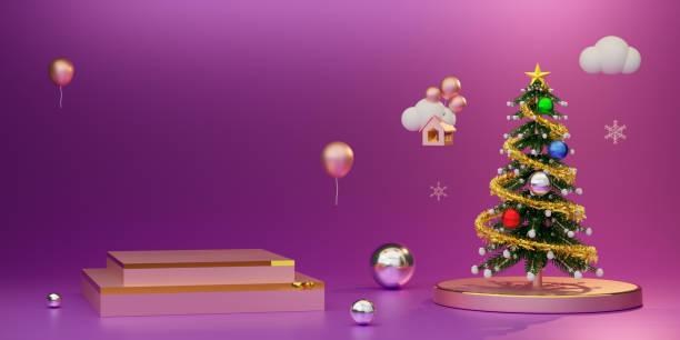 istock Podium empty with Christmas tree and ornaments in purple or violet composition for modern stage display and minimalist mockup ,Concept Christmas and a festive New Year, 3d illustration or 3d render 1433116421
