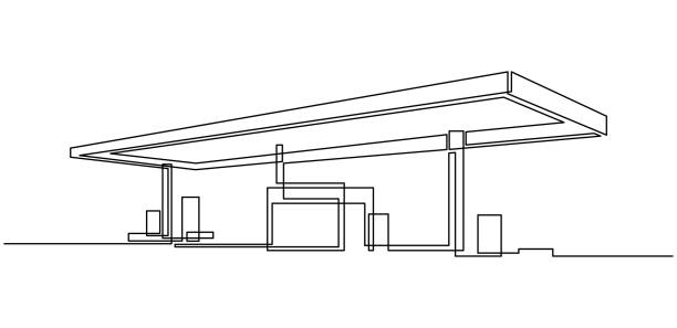 ilustrações de stock, clip art, desenhos animados e ícones de single one line drawing of gas station building construction. fuel station service isolated doodle minimal concept. trendy continuous line draw design. vector illustration. - gasoline electricity biofuel car