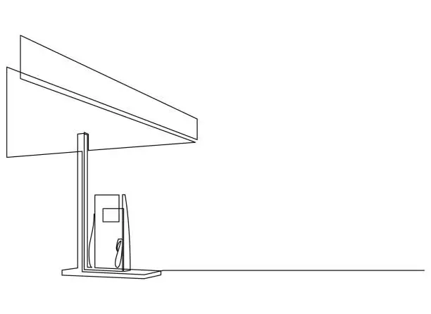 Vector illustration of Fuel station single line drawing. Gas station building construction. Vector illustration.