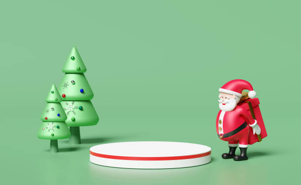 istock Santa claus with gift box,christmas tree,cylinder stage podium,space isolated on green background.website,poster or Happiness cards,festive New Year concept,3d illustration or 3d render 1433120014