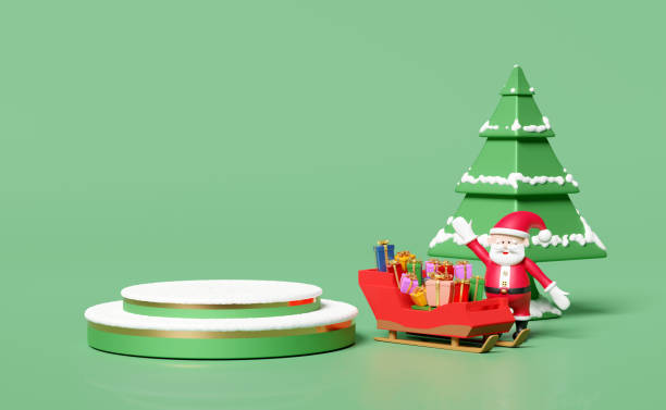 istock Santa claus with sleigh,gift box,christmas tree,cylinder stage podium empty,snow isolated on green background.website,poster or Happiness cards,festive New Year concept,3d illustration or 3d render 1433120092