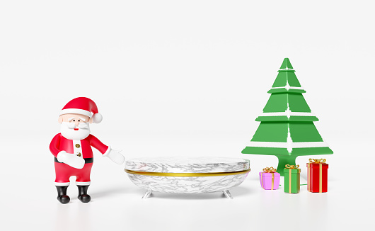 Santa claus with gift box,christmas tree,cylinder stage podium marble isolated on white background.website,poster or Happiness cards,festive New Year concept,3d illustration or 3d render