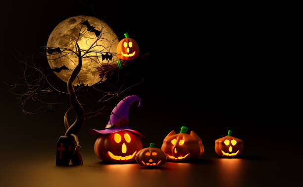 istock 3d halloween pumpkin holiday party with full moon, flying bats, Scared Jack O Lantern and candle light in pumpkin, purple witch pointed hat, broom under the moonlight for happy halloween, 3d render 1433121596