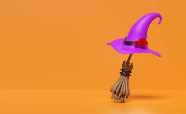 istock 3d purple witch pointed hat with broom isolated on orange background. minimal halloween holiday party concept, 3d render illustration 1433121607