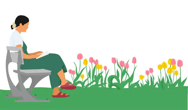 Vector illustration of Happy Spring Tulips Woman Reading Park Bench