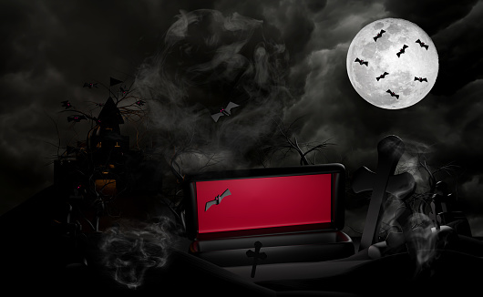3d open coffin, graveyard halloween holiday party with haunted castle, full moon, flying bats, tomb, graves, fog, under the moonlight for happy halloween, 3d render illustration