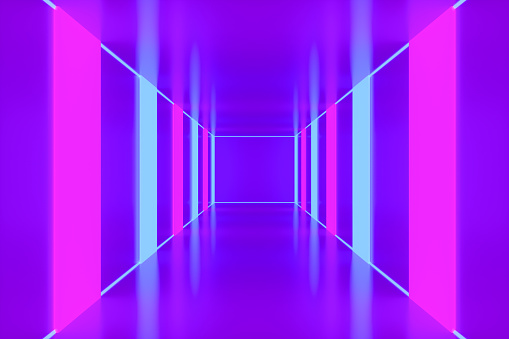 3d rendering of empty room tunnel corridor with neon lights abstract modern architecture background