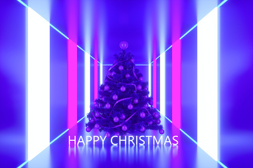 Christmas tree on neon lighting tunnel corridor background, 3d render.