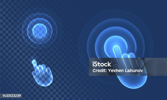 istock Touch wave from hand gesture in digital futuristic style on blue background. Neon icon of hand movement or display click. Neon vector illustration with light effect. 1433123239