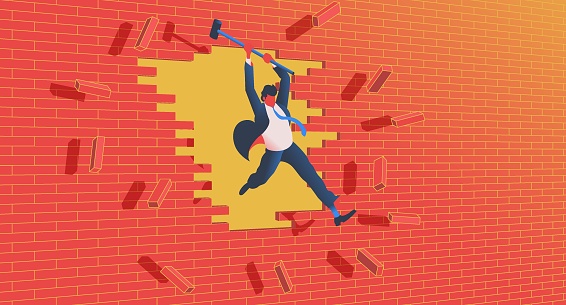 Businessman with hammer breaking a wall. Overcoming the bariers and looking for opportunities concept. Modern style vector illustration.