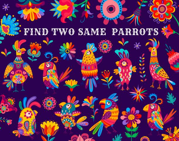Find two same brazilian parrots kid game worksheet Find two same brazilian parrots kids game worksheet. Vector puzzle quiz or matching riddle of cartoon tropical jungle parrot birds and exotic flowers with bright color feathers and ethnic ornaments echo parakeet stock illustrations
