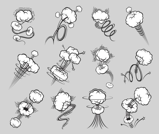 Comic speed motion effect, speed trail, puff cloud Comic speed motion effect, speed trails and puff clouds for jump or blast, vector cartoon bubble icons. Rocket air smoke motion effect of pop or crack and punch effect with spiral puff cloud trails symbol of power audio stock illustrations