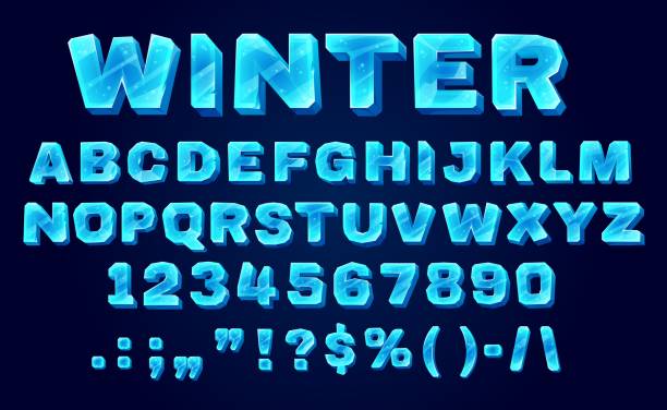 Ice crystal font, typeface, type alphabet Ice crystal font, typeface, type alphabet. Cartoon vector abc letters, blue uppercase characters, digits and signs. Winter frozen english or latin font, isolated typeset, ice type word cool stock illustrations