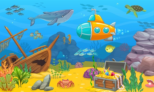 Underwater game level landscape. Sunken ship, whale, submarine, turtle and fish shoal, treasure chest and seaweed. Cartoon vector underwater ocean world background with shipwreck boat and loot trunk