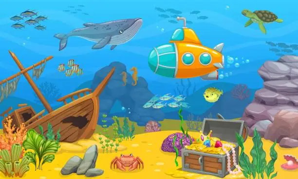 Vector illustration of Underwater game level landscape with sunken ship