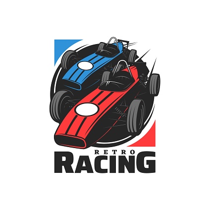 Retro racing cars icon. Motorsport classic automobiles Grand Prix competition vector symbol, retro vehicles museum or track race club championship emblem or icon with open-wheel single-seater racing car two racing cars