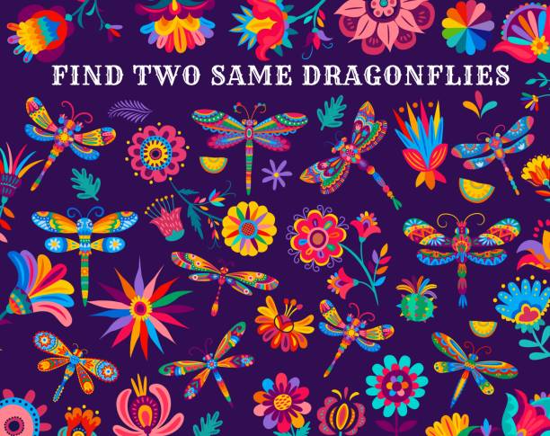 Find two same dragonflies, kids game worksheet Find two same bright dragonflies, kids game vector worksheet with Mexican flowers. Children puzzle riddle or tabletop game to find similar items of Mexican dragonfly insect on flower and cactus multiplication worksheet stock illustrations