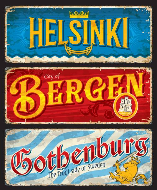 Helsinki, Bergen, Gothenburg city travel stickers Helsinki, Bergen, Gothenburg city travel stickers and plates, vector tin signs. Finland, Norway and Sweden cities tourism banners, destination luggage tags and travel baggage labels with landmarks bergen stock illustrations