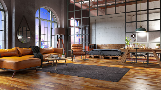Industrial Style Living Room With Armchair, Corner Sofa, Brick Wall at Night. 3D Render
