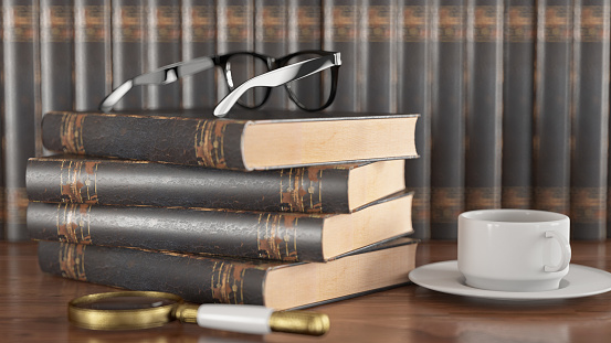 Old Books with Magnifying Glass and Coffee. 3D Render