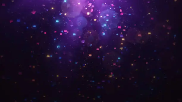 Photo of Festive glittering falling confetti. Elegant colorful particle flow. Gentle stream of luxury dust, magical snowfall, creative soft bokeh, awarding abstract background. 3d rendering