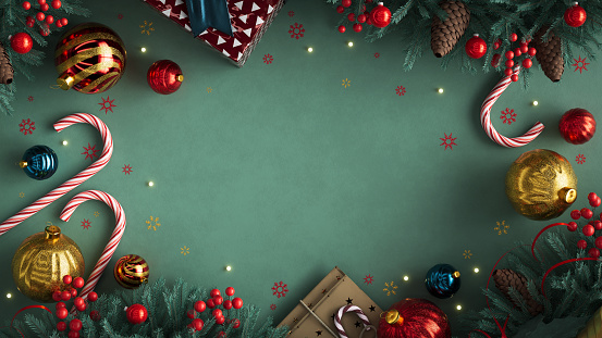 Fondo navideño. Composición con bastones de caramelo, bolas de colores, regalos envueltos, coronas y copos de nieve brillantes sobre superficie verde. Ambiente festivo alegre. Feliz Año Nuevo. Renderizado 3D photo