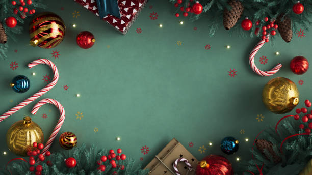 christmas background. composition with candy canes, colorful balls, wrapped gifts, wreaths and glittering snowflakes on green surface. joyful festive atmosphere. happy new year. 3d rendering - christmas stockfoto's en -beelden