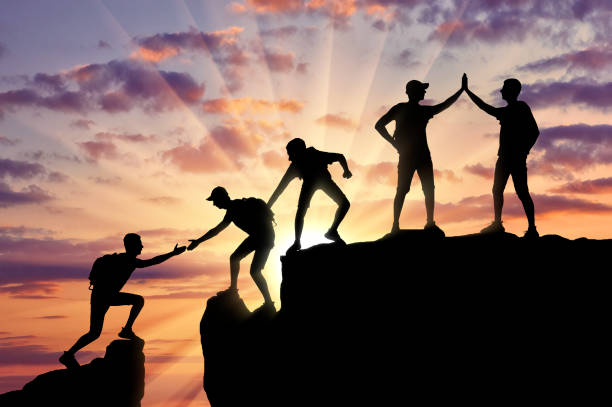 istock Conceptual scene of alpinists and teamwork 1433126432
