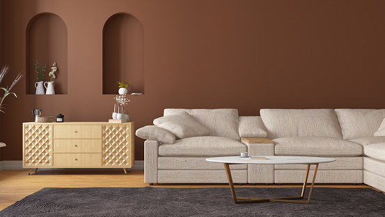 Modern Living Room with Sofa and Empty Wall. 3D Render