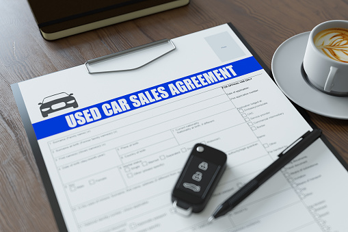 Used Car Sales Agreement Form. 3D Render
