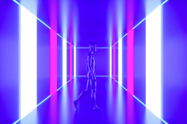 istock Walking cyborgs on room tunnel corridor with neon lights 1433127088