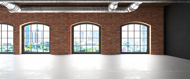 Empty Loft Industrial Grunge Warehouse Interio with Windows. 3D Render
