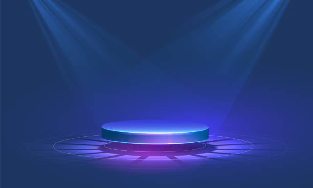 ilustrações de stock, clip art, desenhos animados e ícones de stage podium with light in digital futuristic style on a blue background. technological platform for product presentation. vector illustration of cyberpunk arena - podium pedestal construction platform award