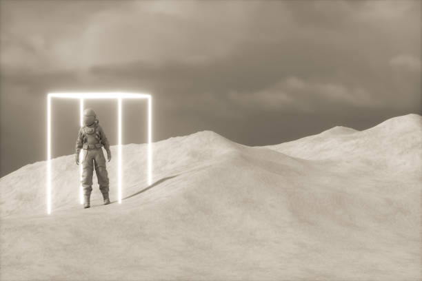 istock Astronaut stands in neon lighting frame on another planet 1433131306