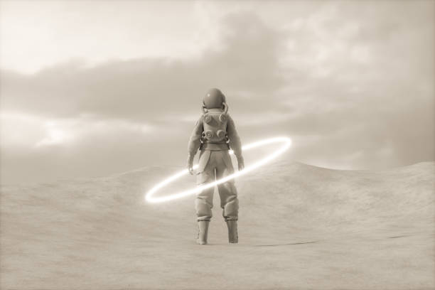 Astronaut stands in neon lighting circle on another planet, 3d render.