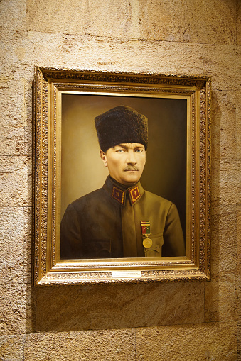 ANKARA, TURKIYE - JUNE 05, 2022: Portrait painting of Ataturk in Anitkabir where is the mausoleum of Ataturk, the founder and first President of the Republic of Turkiye.
