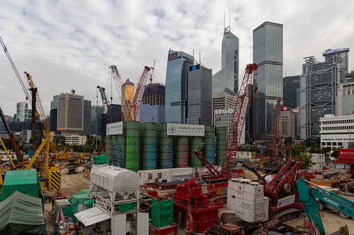 Hong Kong - October 13, 2022 : Construction site at the new Central Harbourfront in Hong Kong.