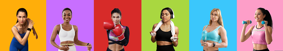 Pretty multiracial young women in sportswear attending gym or training at home, boxing, training, measuring body, colorful studio background, collage, panorama. Fitness, gym for females concept