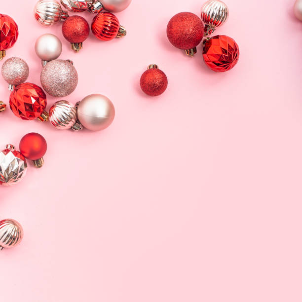 istock Decorative balls, empty space for text on a pink background. Top view, flat lay. 1433133255