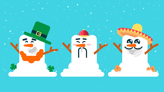 Snowman with mexican hat and mustache and carrot nose, wear chinese hat, Cute Snowman wear ireland hat with green clover, Flat avatar vector