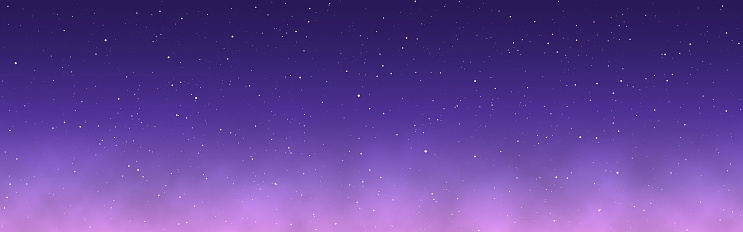 Purple clouds. Night sky with stars. Fantasy color wide background. Starry cosmic texture. Magic color wallpaper. Realistic soft clouds. Vector illustration.