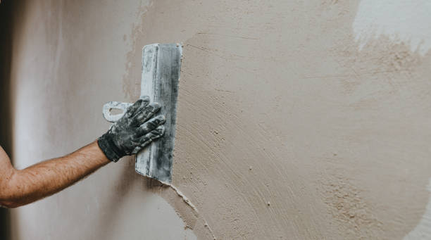 budowniczy w kombinezonie roboczym tynkowanie ściany wewnątrz - plaster plasterer building contractor home interior zdjęcia i obrazy z banku zdjęć