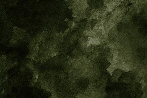 Green brown abstract watercolor pattern. Dark olive khaki color. Art background for design. Dirty. Grunge. Daub, stain, spot, blot, splash. Frightening, ominous.