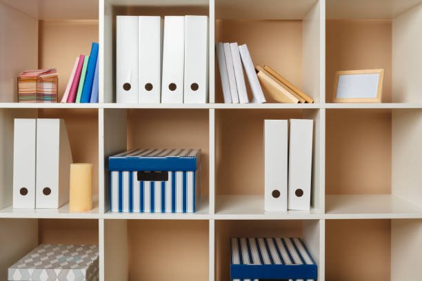 istock Home office working space. white shelf with accessories 1433135296