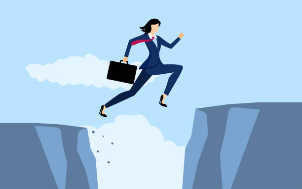 Cartoon illustration of a businesswoman jumps over the ravine Cartoon illustration of a businesswoman jumps over the ravine, challenge, obstacle, optimism, determination in business concept leap of faith stock illustrations