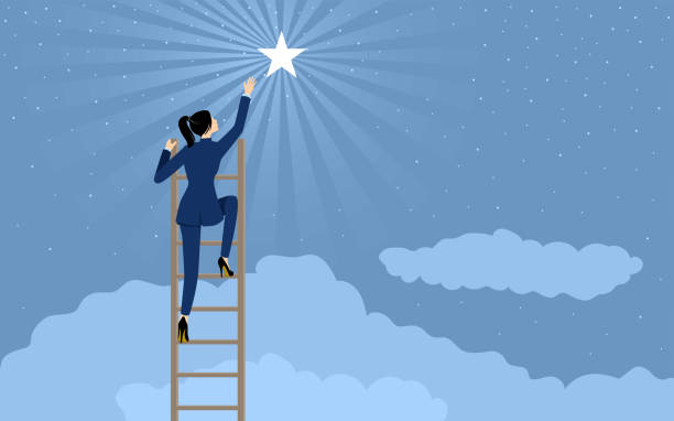 ilustraciones, imágenes clip art, dibujos animados e iconos de stock de mujer de negocios que busca la estrella usando una escalera - businesswoman winning competition staircase