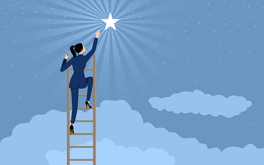 Cartoon illustration of a businesswoman reaching out for the star using ladder