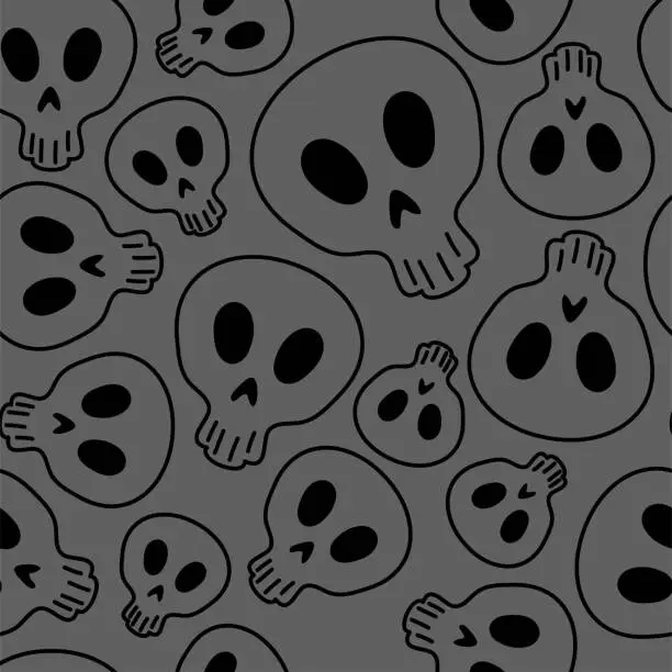 Vector illustration of Vector illustration. Seamless pattern of large and small human skulls, hand drawn. Repetitive wallpaper of bones. Creepy evil Halloween background. The day of the Dead. Design of wrapping, gift paper.