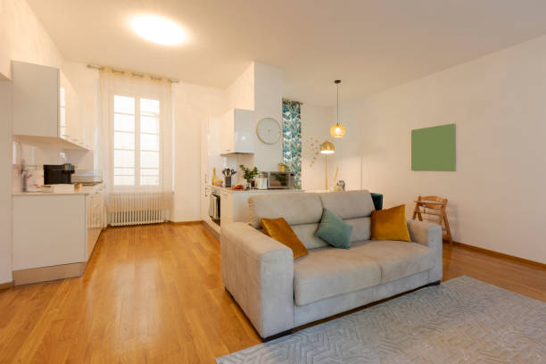 istock Modern open space in elegant apartment. There is a comfortable sofa in the foreground and the kitchen behind 1433141571
